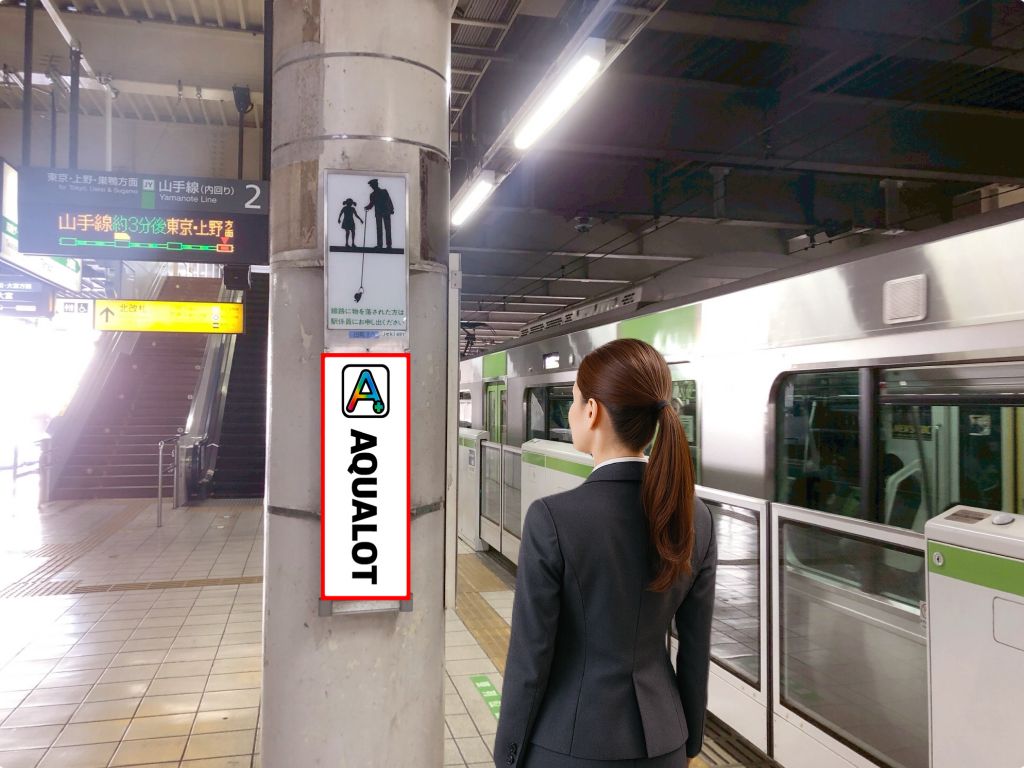 駅ホームで電車を待つ女性とAQUALOTの広告